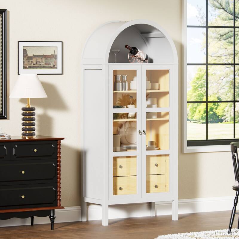 Modern Arched Cabinet with Glass Doors,72" Tall Arch Storage Cabinet with Height Adjustable Shelf and 2 Drawers Bookshelf