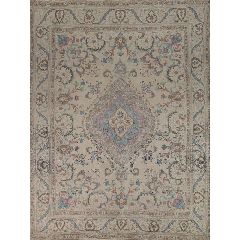 Floral Tabriz Persian Area Rug Oriental Hand-Knotted Beige Wool Carpet - 9'11"x 11'9"
