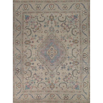 Floral Tabriz Persian Area Rug Oriental Hand-Knotted Beige Wool Carpet - 9'11"x 11'9"