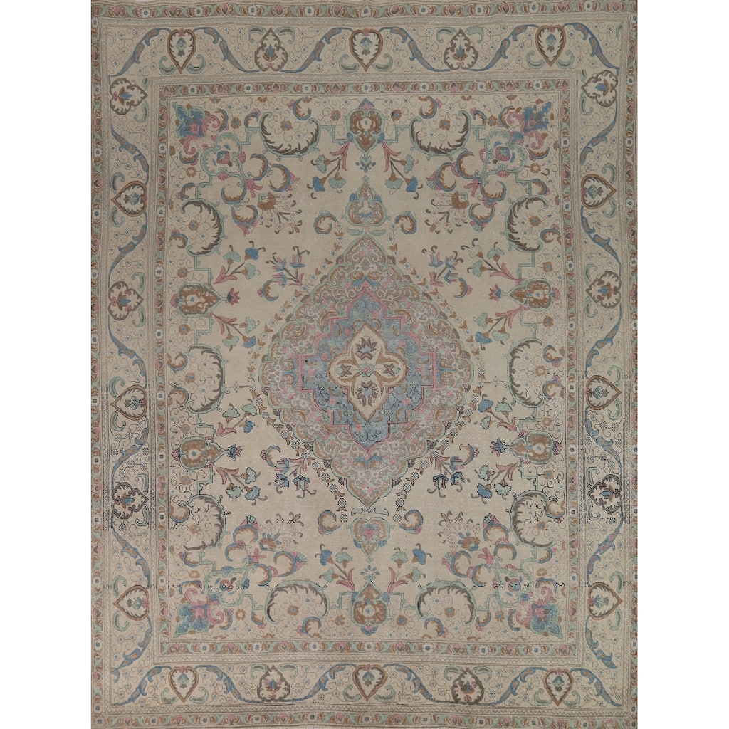Floral Tabriz Persian Area Rug Oriental Hand-Knotted Beige Wool Carpet - 9'11"x 11'9"