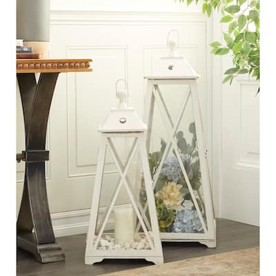 White Metal Lighthouse Style Decorative Candle Lantern (Set of 2)
