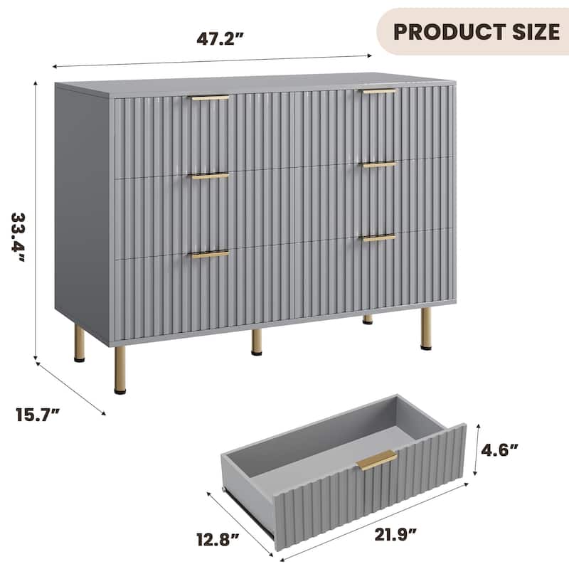 6 Drawer Fluted Dresser for Bedroom, Wide Modern Chest of Drawers, Long Double Dresser