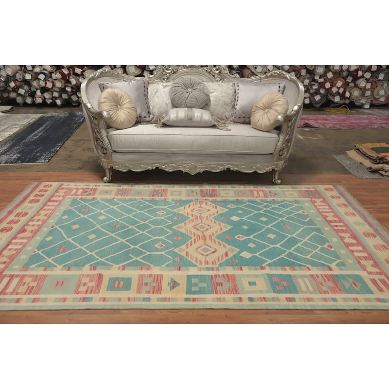 Hand Woven Oriental 100% Wool Carpet Southwestern Tribal Navy Blue & Blues Kilim Area Rug - 9' 8'' X 5' 8''