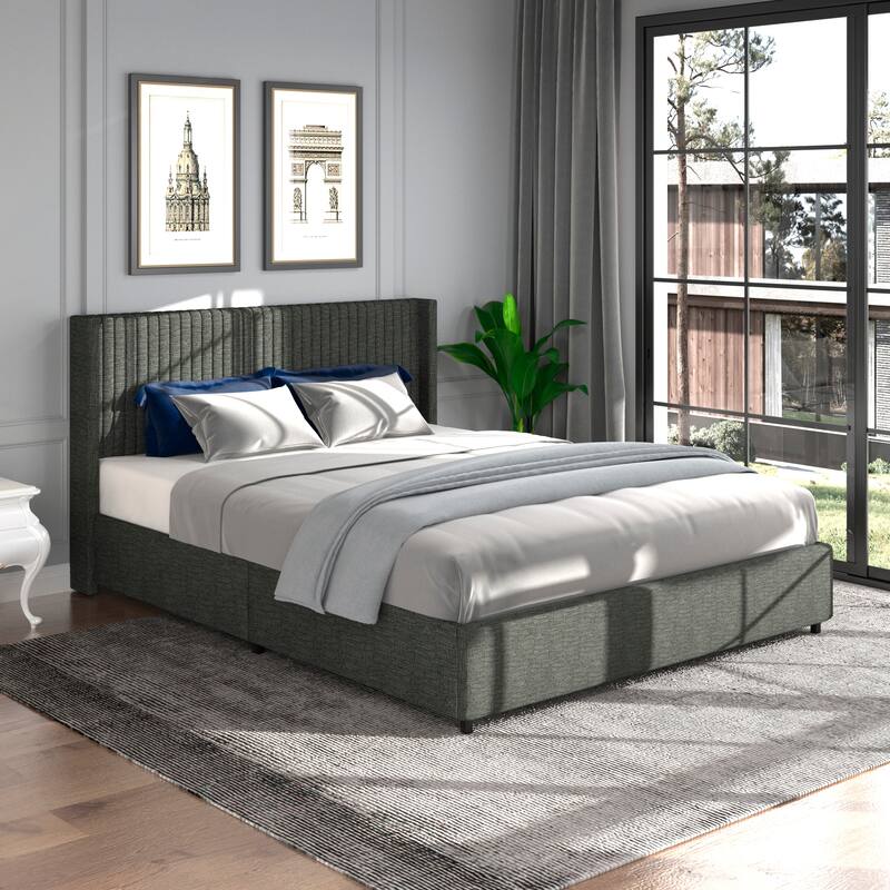 Queen Size Linen Upholstered Wingback Platform Bed with 4 Storage Drawers, Midcentury Modern