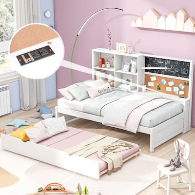 Twin Size Daybed with Storage Shelves, Blackboard, Cork Board, USB Ports, and Twin Size Trundle