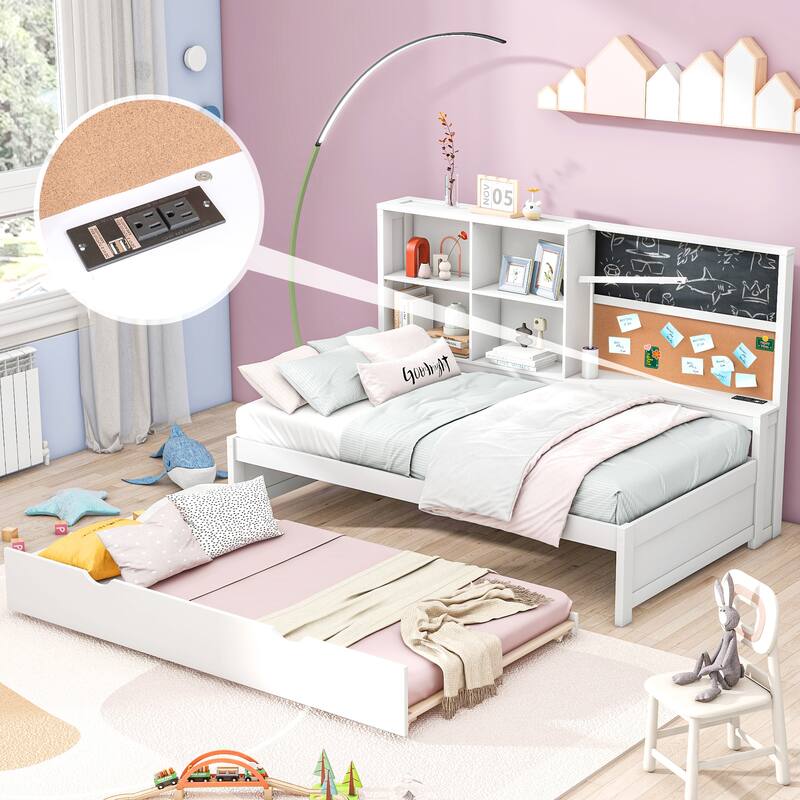 Twin Size Daybed with Trundle, Built-In Storage Shelves, Chalkboard, Corkboard, and USB Charging Ports, White Wood Frame - Twin White - Twin