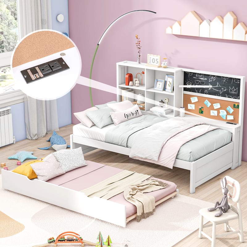 Twin Size Pine Daybed with Blackboard, USB Charging & Trundle (350lb Capacity) - White