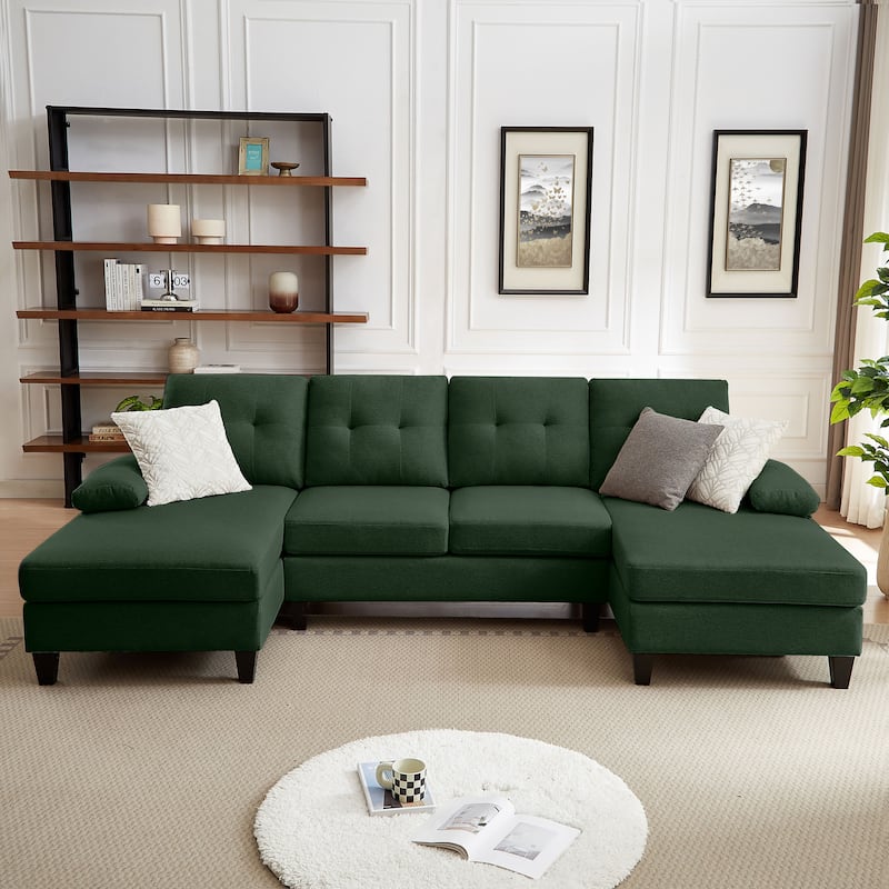 4 Seat U Shaped Sectional Sofa Couch with Double Chaise for Living Room - Green