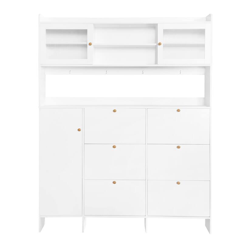 Large Hall Tree Shoe Rack Storage Cabinet with Tempered Glass Doors and 6 Flip Drawers for, Bedroom, Entryway, Porch Storage