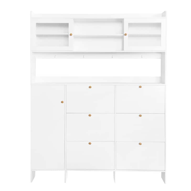 Roomfitters Multifunctional Tipping Bucket Shoe Cabinet with Storage Shelf, Large Hall Tree with 6 Flip Compartments