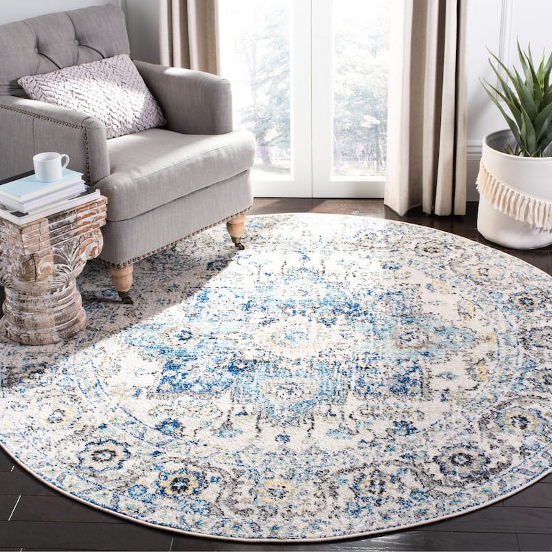 SAFAVIEH Madison Delois Medallion Rustic Farmhouse Distressed Rug - 10' Round - Turquoise/Ivory