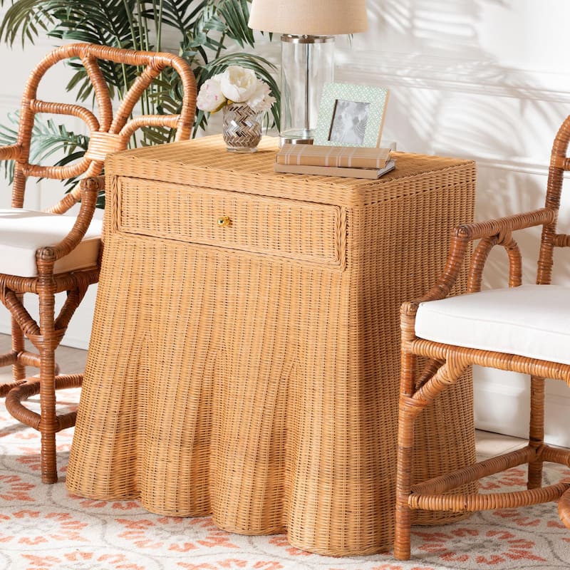 Chica Scalloped Natural Rattan Console Table with Drawer - Handwoven Wicker Accent Table with Flared Skirt, Coastal Boho Style