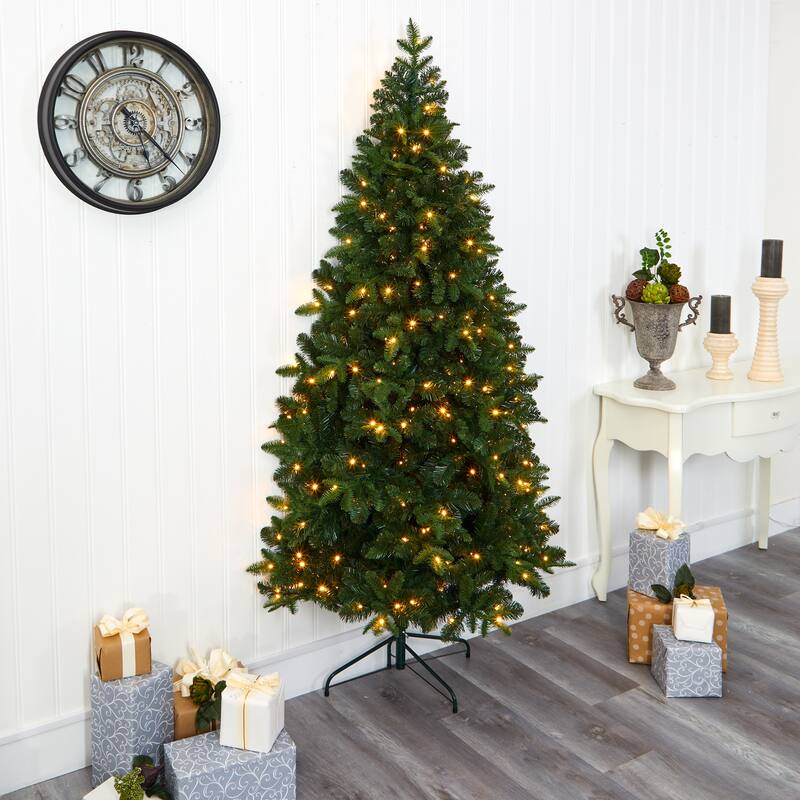 7' Grand Teton Spruce Flat Back Christmas Tree with 220 Clear LED - Green