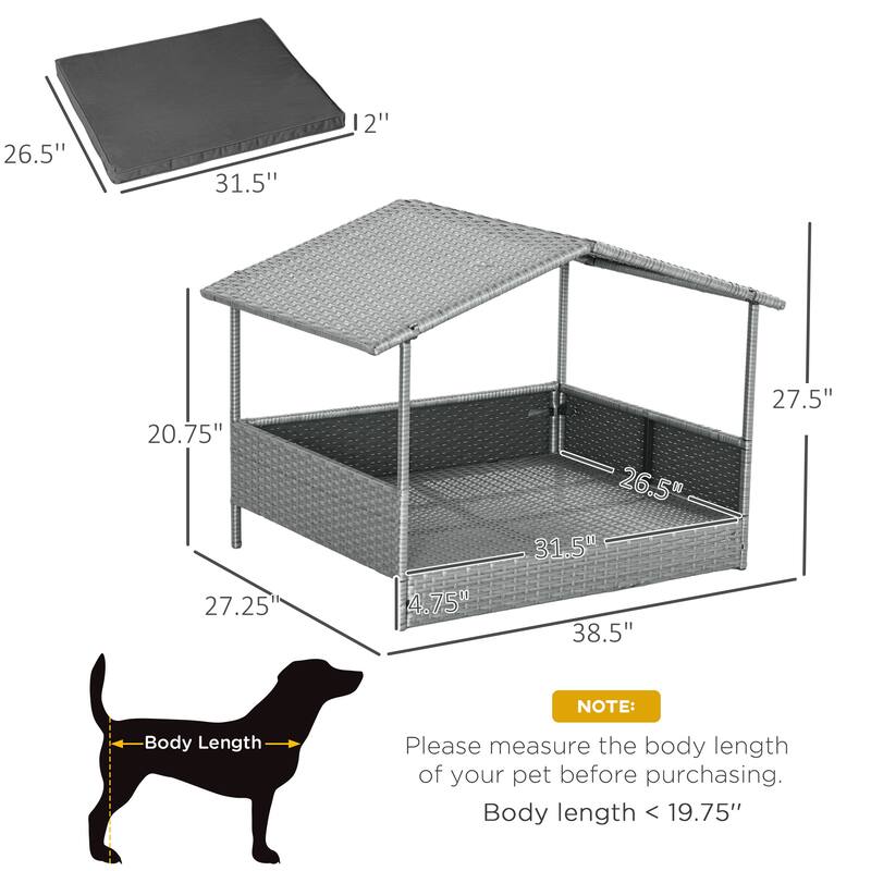 Wicker Dog House Outdoor with Canopy, Rattan Dog Bed with Water-resistant Cushion, for Small and Medium Dogs