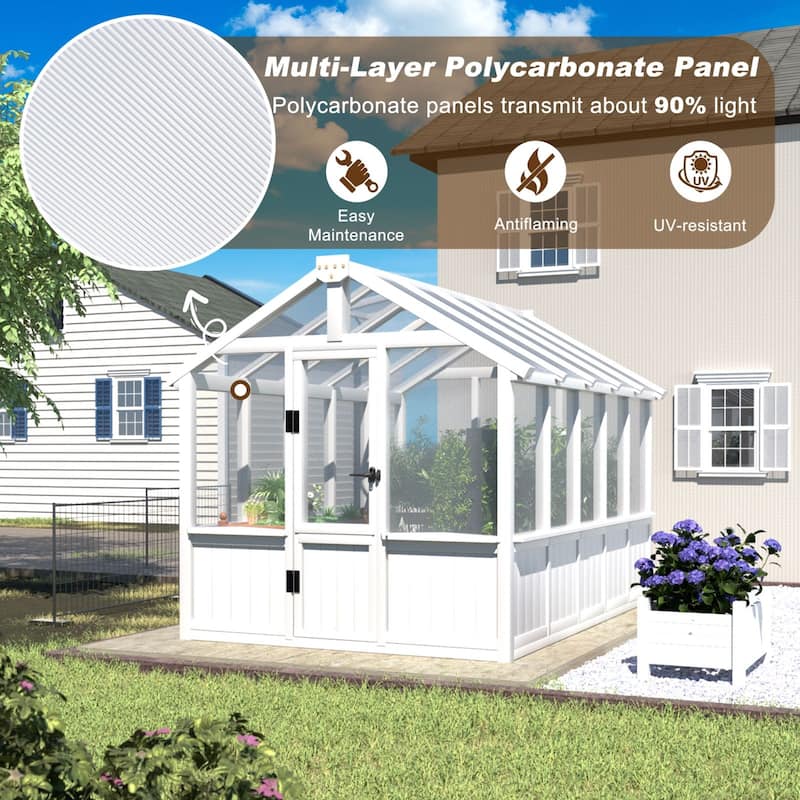 VEIKOUS Cedar Wood Frame Greenhouse with Polycarbonate Panels, Outdoor Walk-in Greenhouse with Adjustable Ventilation, White