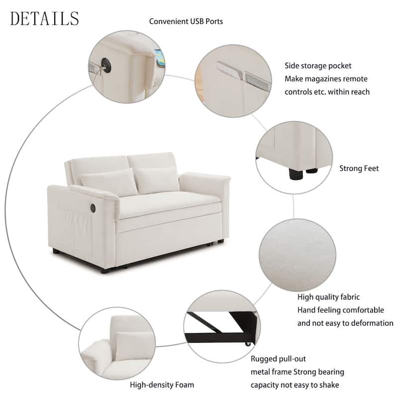 55"Velvet Two Seater Pull Out Sofa Bed,Adjustable Backrest With Usb Ports,3 In 1 Convertible Sleeper Sofa Bed,2 Waist Pillows