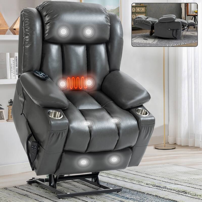 Dual Motor Power Lift Recliner Chair, with 8-Point Massage & Lumbar Heating, Stainless Steel Cup Holders