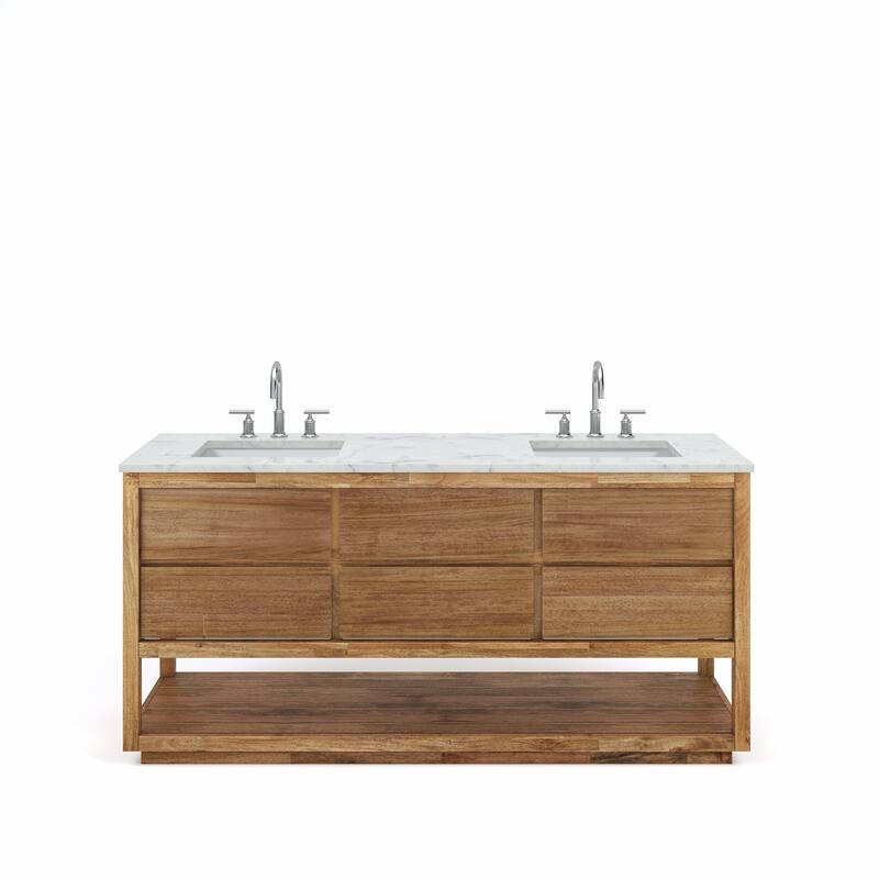 Oakman Mango Wood Carrara White Marble Countertop Bath Vanity with Faucet - 72" - Chrome Finish