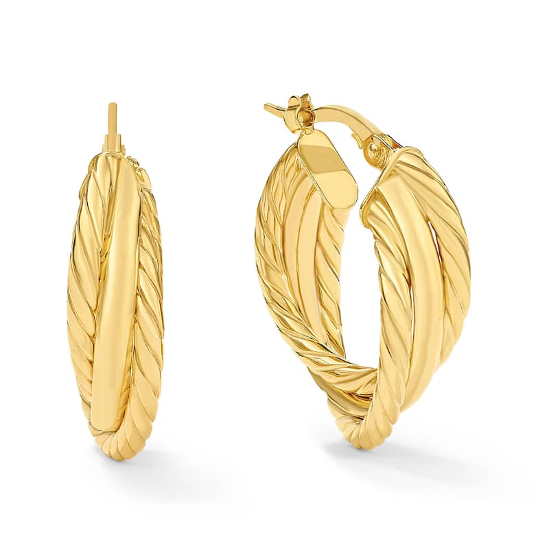 Clover 14K Yellow Gold High-Polish Multi-Row Twisted Textured Hoop Earrings