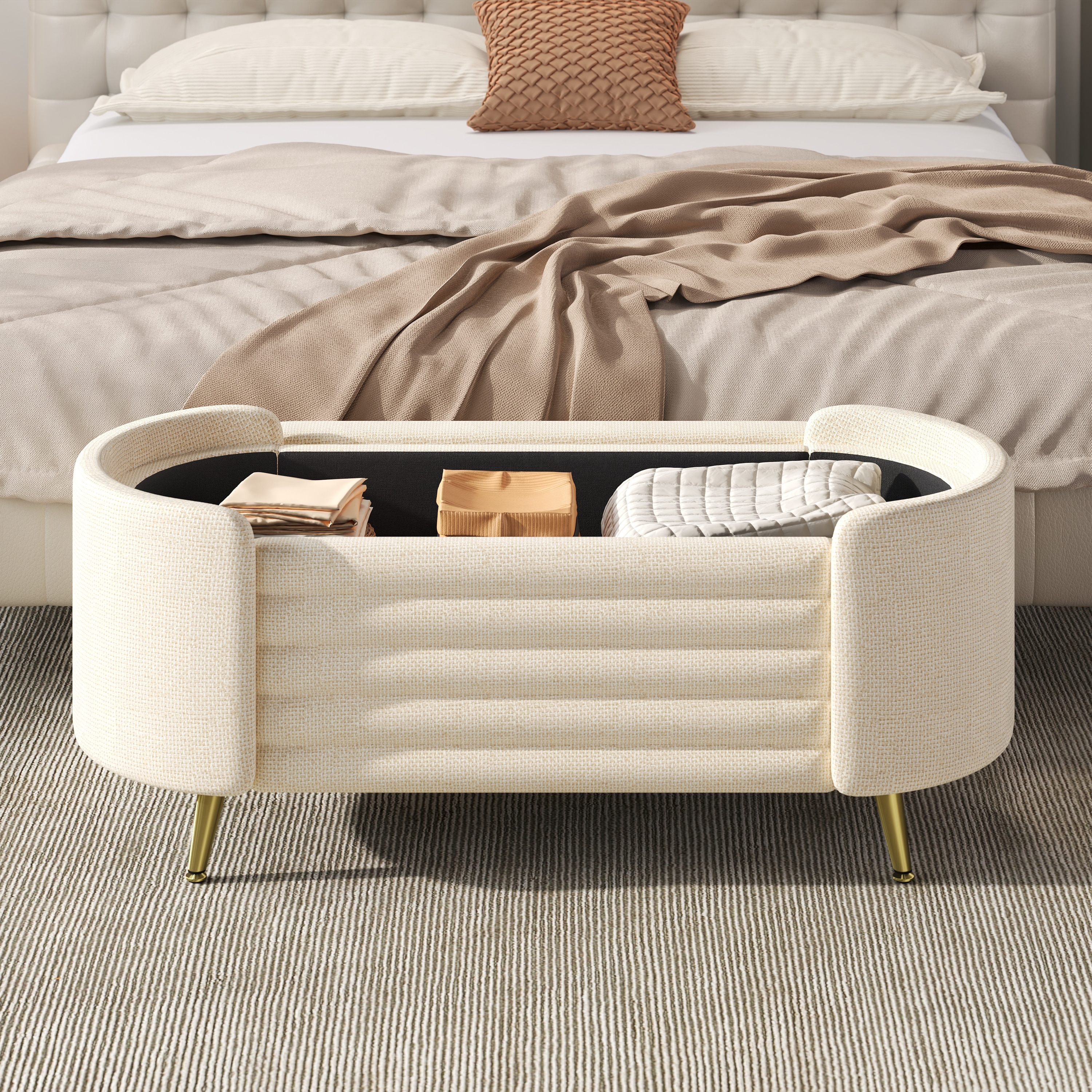Roomfitters Modern Oval Storage Ottoman Bench, Upholstered Chenille Entryway Shoe Bench, Metal Legs