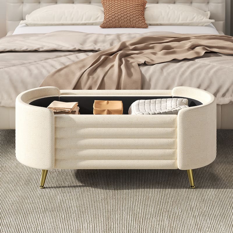 Roomfitters Modern Oval Storage Ottoman Bench, Upholstered Chenille Entryway Shoe Bench, Metal Legs - Beige