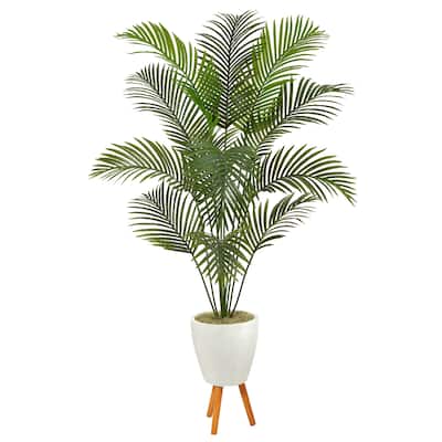 6.5' Golden Cane Artificial Palm Tree in White Planter with Stand - 21"