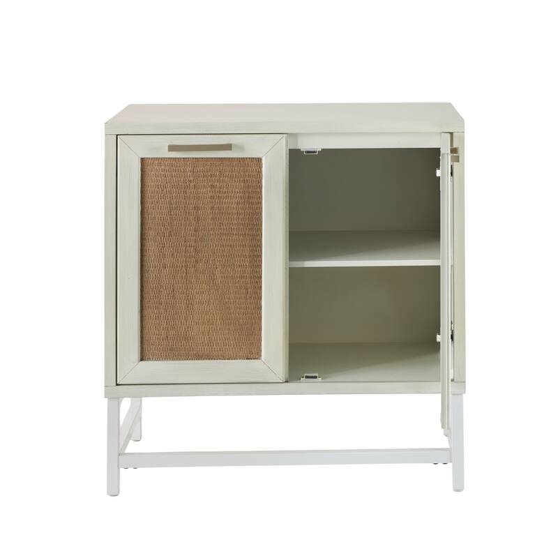 Wooden 2 Door Cabinet with Brown Woven Rattan Doors and Metal Base - White - Roche River Decor - 16"W x 30"L x 31"H