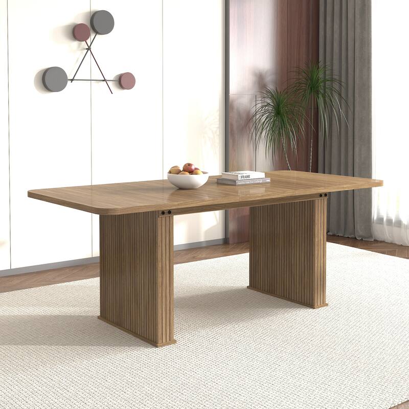 Modern Dining Table for 6-10 People, Wood Kitchen Table with Double Robust Pedestal - Brown - Brown