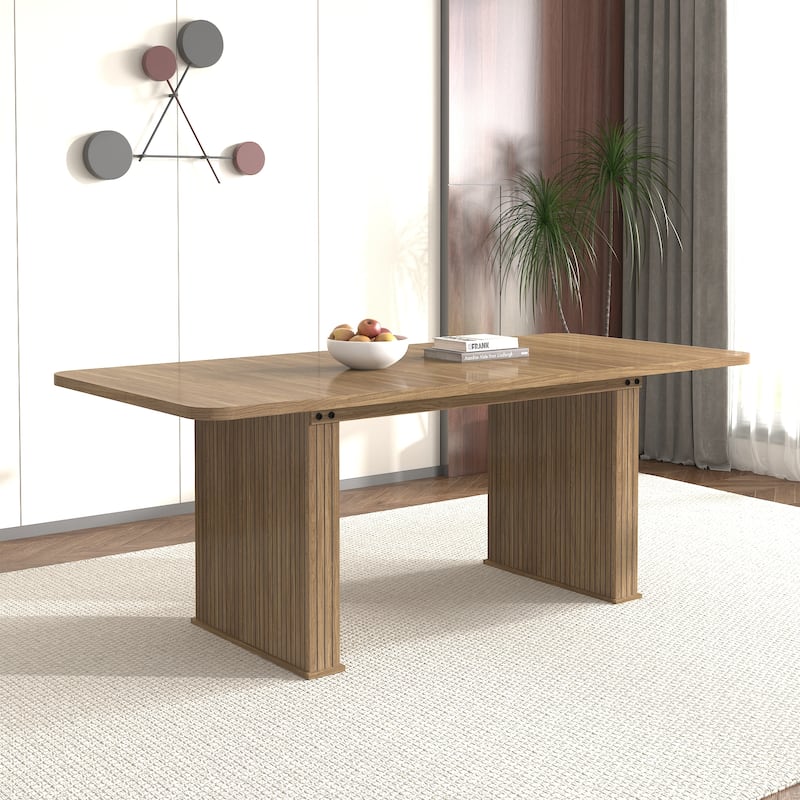 Modern Dining Table for 6-10 People,Wood Kitchen Table with Double Robust Pedestal,Wooden Dinner Table for Dining Room - beige brown