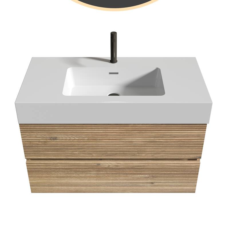 GDFStudio - Grace Wall-Mounted Bathroom Vanity with Engineered Quartz Sink & Soft Close Drawers, without Drainage and Faucet