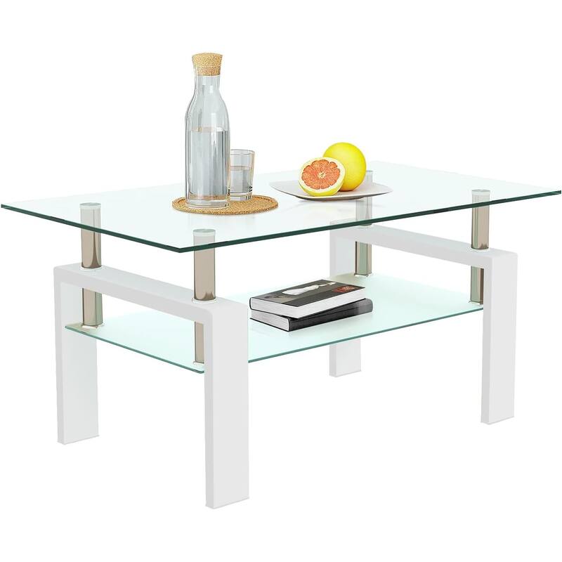 Rectangle Coffee Table Glass Tabletop with Lower Shelf - White