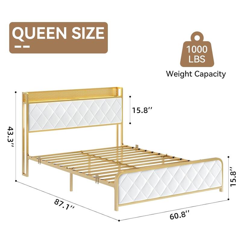 Velvet Upholstered Bed Frame with LED Light and Charging Station