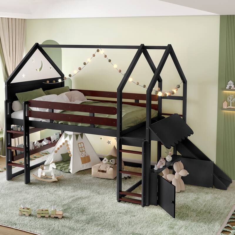 Twin Loft Bed with Slide, Bookshelf & House-Shaped Design for Kids