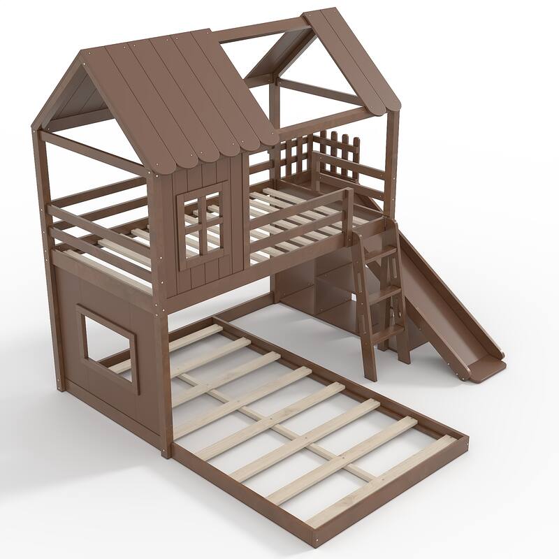 Twin over Full House Bunk Bed with Ladders and Slides, House Floor Bunk Bed with Storage Shelves and Wardrobe
