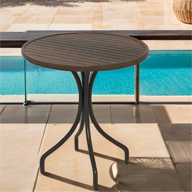 Outdoor Round Side Table with Steel Frame and Slat Tabletop - Brown