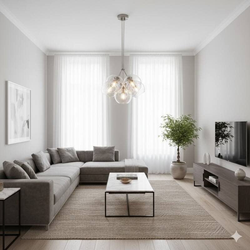 7-Light Satin Nickel Chandelier With Droplet Clear Glass Shades