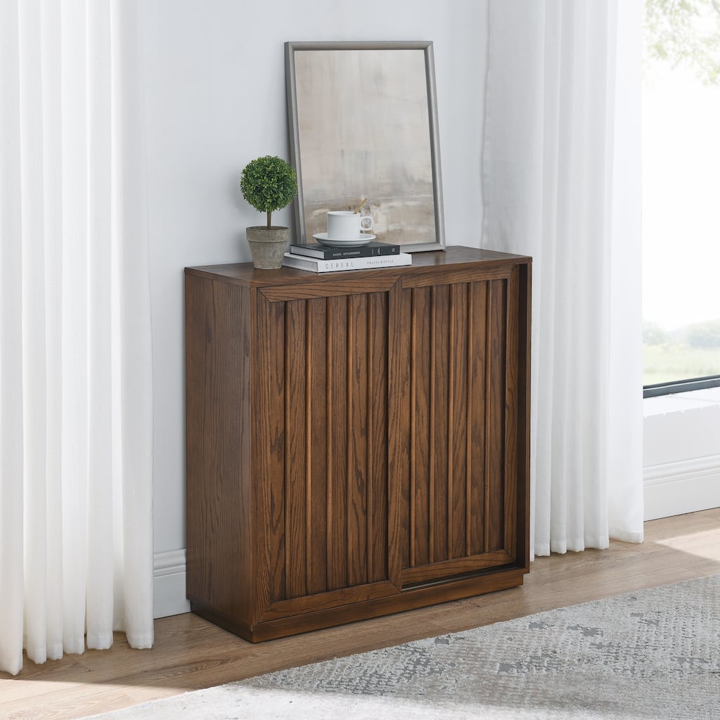 Roomfitters Mid Century Sideboard, Sliding Doors, Solid Wood Decorative Strips, Storage Cabinet, Walnut