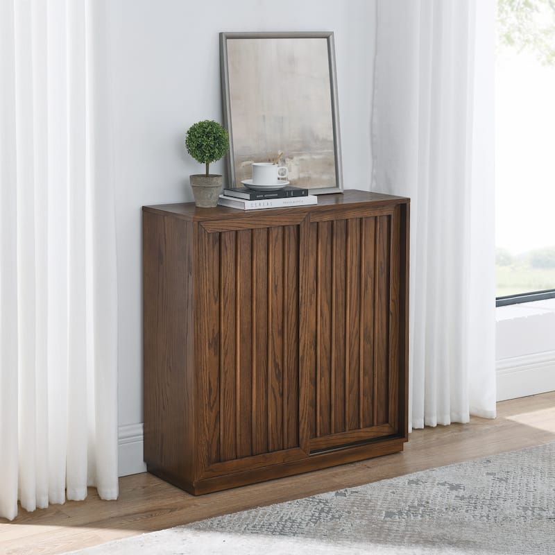 Roomfitters Mid Century Sideboard, Sliding Doors, Solid Wood Decorative Strips, Storage Cabinet, Walnut