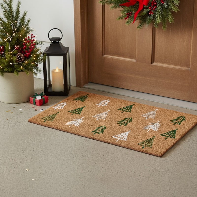 HomeRoots 24" X 36" Brown Green And White Christmas Trees Outdoor Coir Door Mat - 24.00' X '36.00 - 24.00' X '36.00