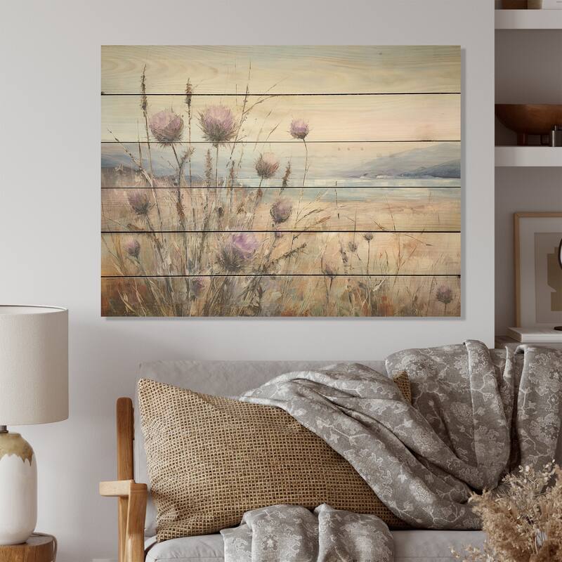 Designart "Purple Thistle Field Farmhouse Charm I" Thistle Wood Wall Art - Traditional Wood Panel On Natural Pine Wood