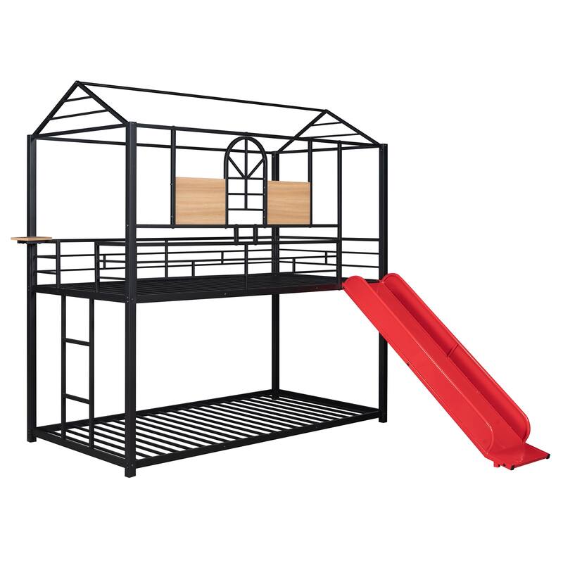 Metal Twin Bunk Bed with Slide, Playhouse Style, Multiple Colors