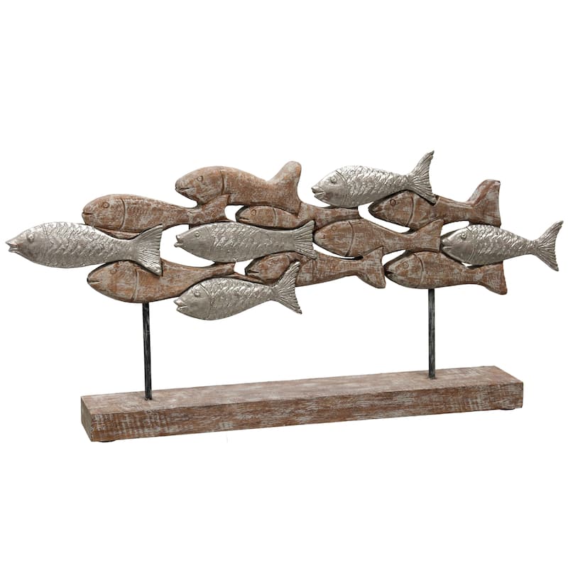 StyleCraft Native School Two Tone Carved Natural Wood School of Fish Table Top Sculpture on Wood Base