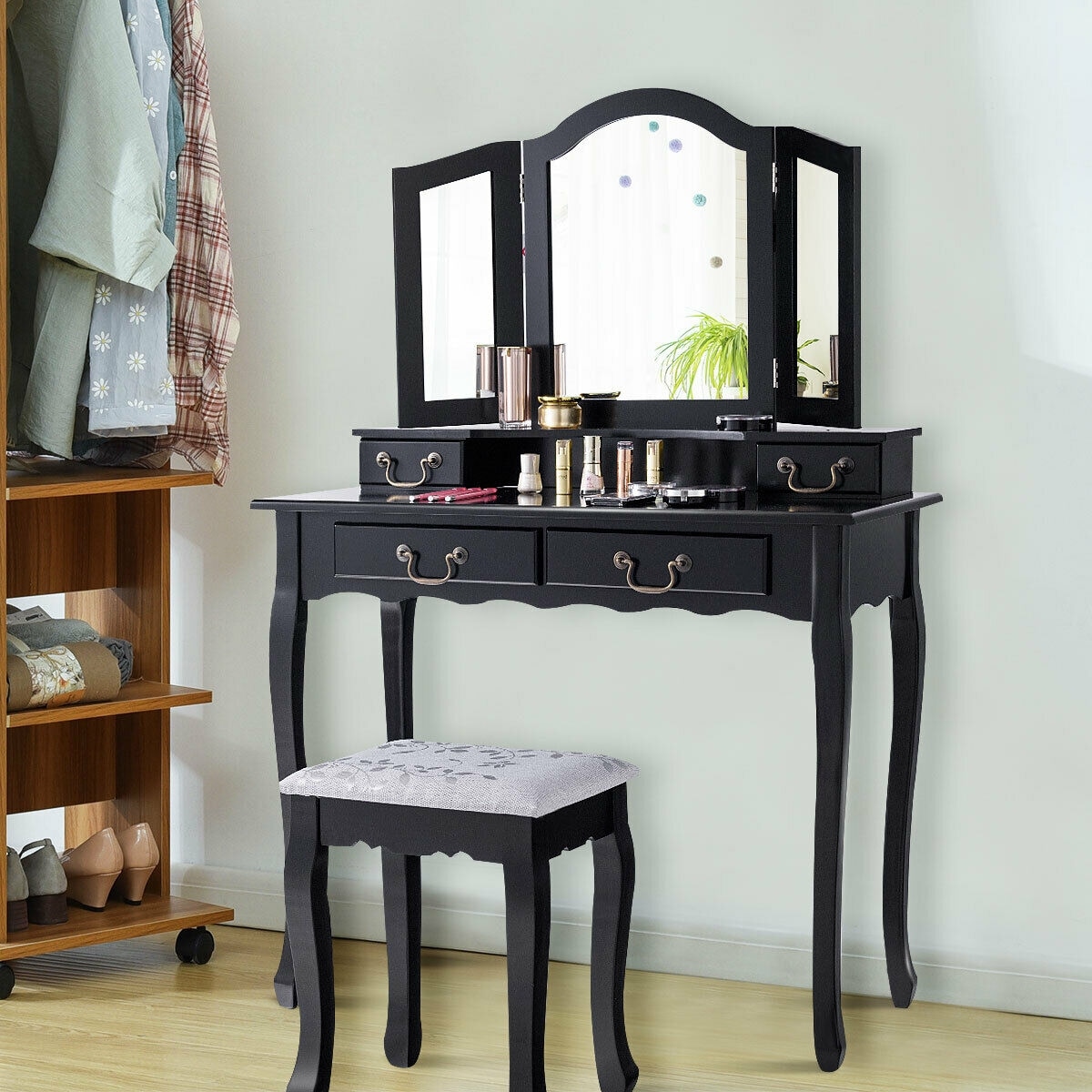 Gymax Vanity Set Makeup Dressing Table Tri Folding Mirror Black Stool Overstock 23169843
