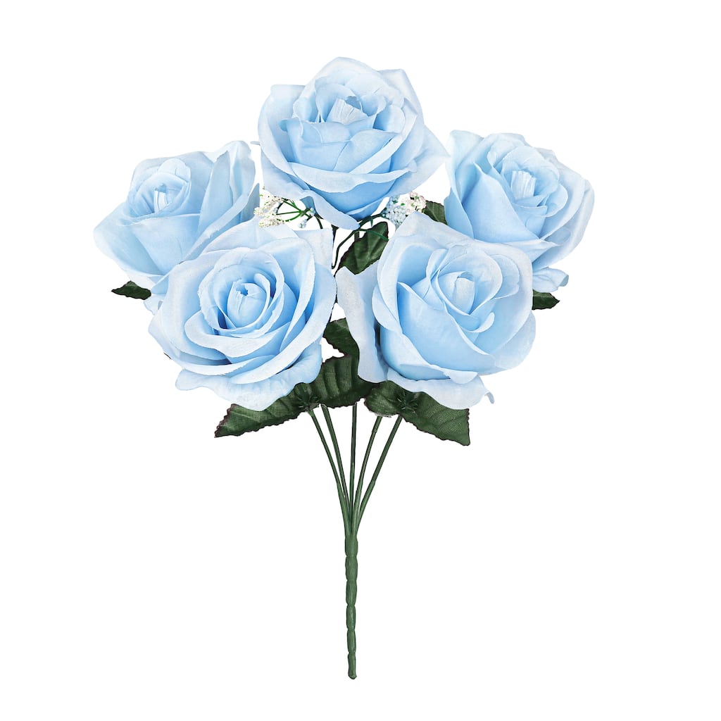 Set of 12 Baby Blue Artificial Open Rose Flower Stem Bush Bouquet 14in - 14" L x 7" W x 7" DP