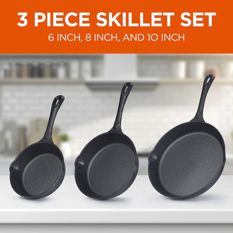 3 Piece Cast Iron Skillet Set 6 inch 8 inch and 10 inch Pre-seasoned Cast Iron Cookware