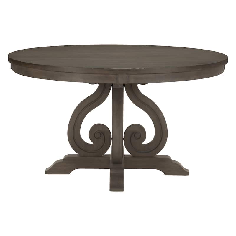 Luon 54 Inch Dining Table, 6 Seater Round Top, Scrolled Metal Base, Brown