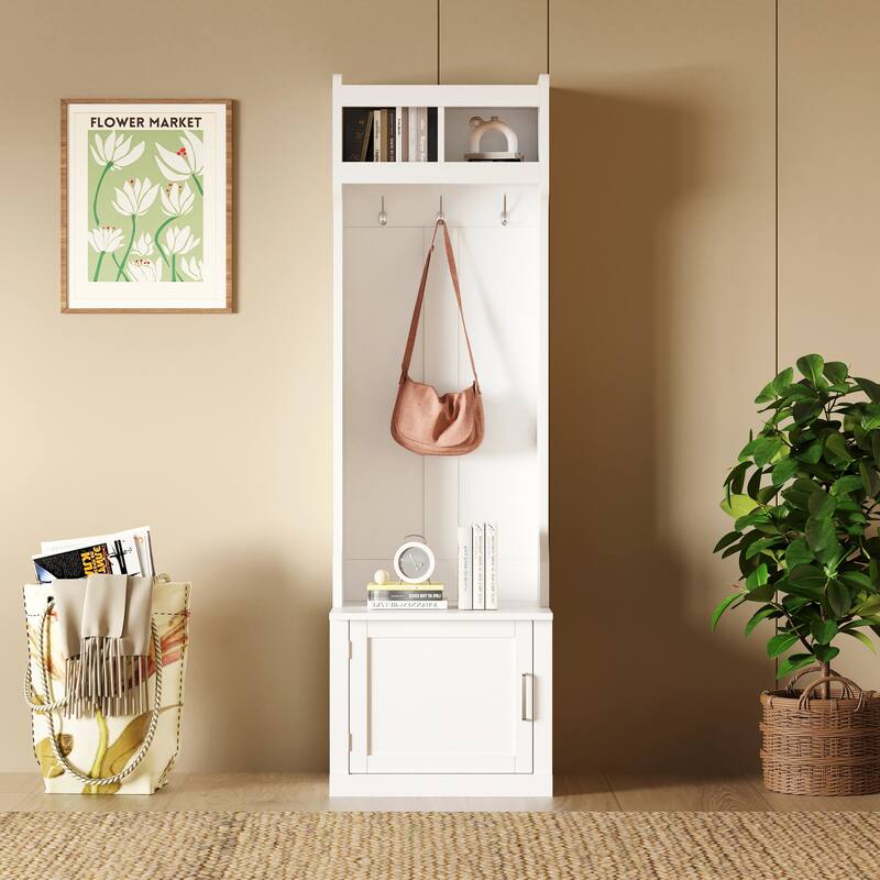 Minimalist Slim Hall Tree with Cabinet & 6 Hanging Hooks, Shoe Storage Bench with Coat Rack, Elegant Foyer Cabinet for Hallway