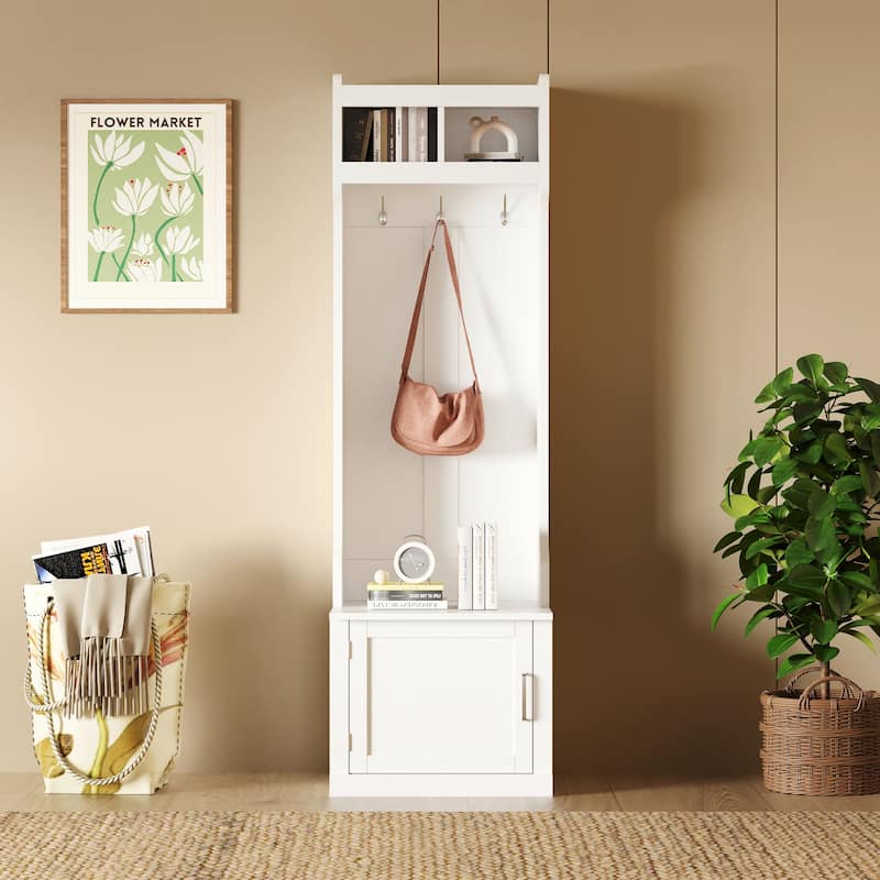 Modern White Hall Tree Entryway Storage Cabinet with Bench Shelves and Hooks for Small Spaces - 23.6''W x 15.7''D x 78.7''H