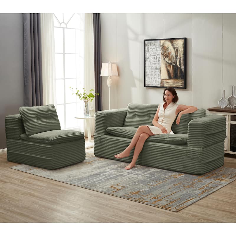 Sleeper Sofa with Chaise Lounge, Convertible Sectional Couch Bed, Corduroy 3-Seat Sofa, Folding Boneless Couch