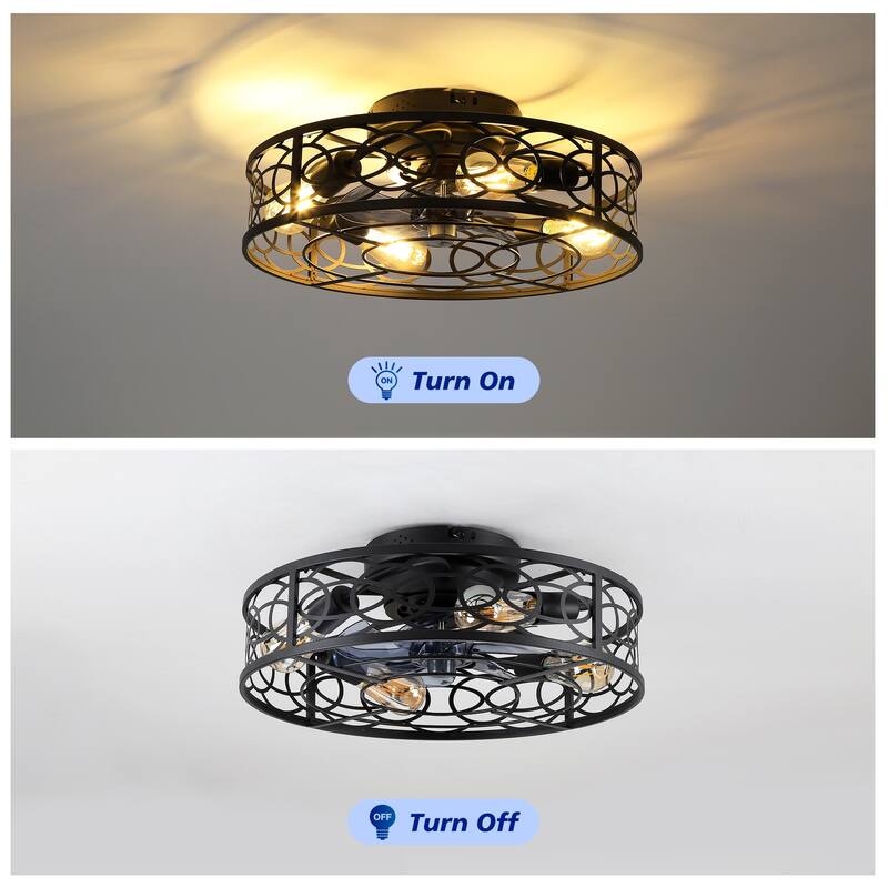 20 inch Flush Mount Ceiling Fan Light with Remote Caged Farmhouse Fandelier Black Wood Low Profile